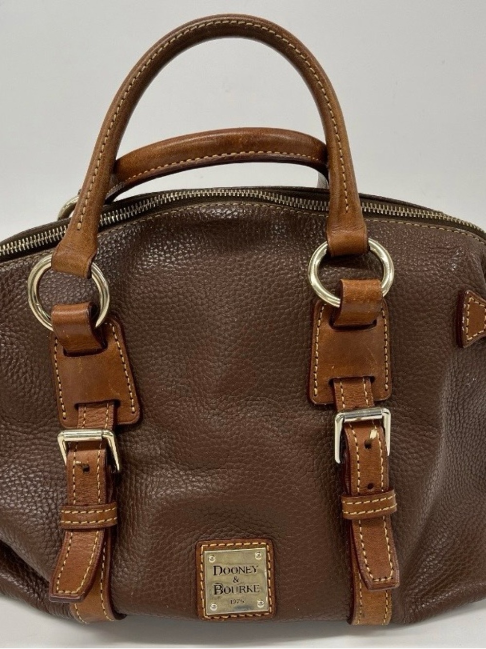 Dooney & Bourke Brown Pebbled Leather Satchel Handbag Tan Trim Gold Hardware